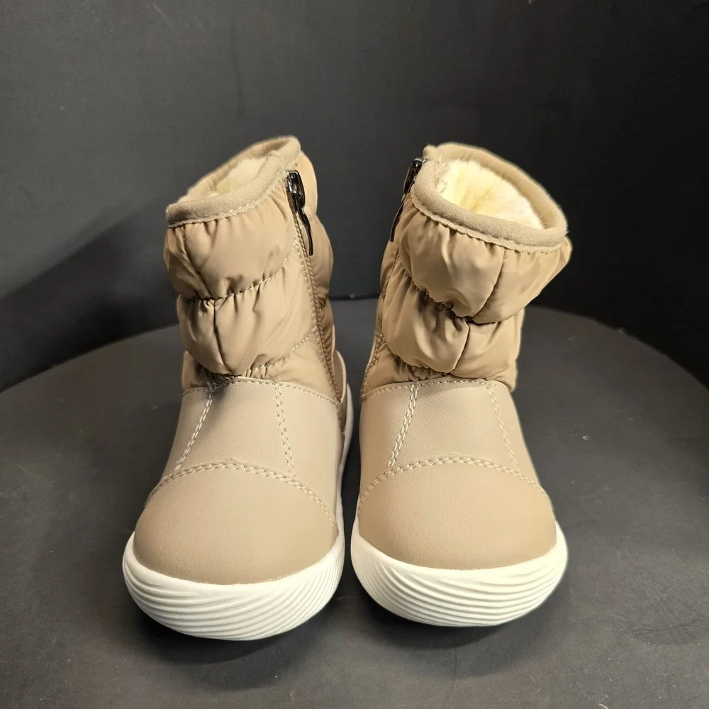 Kids Cozy Puffer Snow Boots Tan Side Zip Warm Lined Toddler Size 18 To 24 Months
